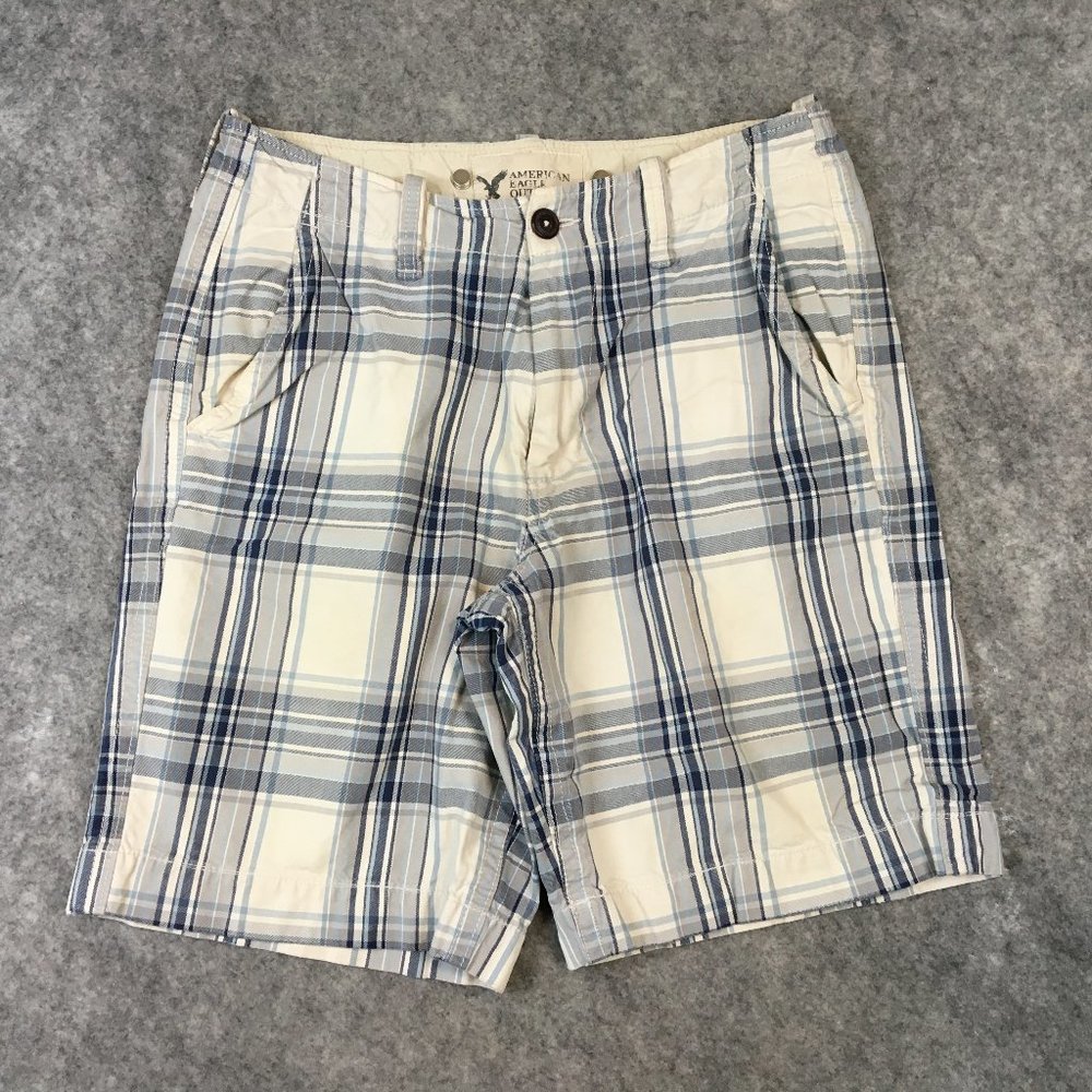 American Eagle Shorts 32 Mens Classic Length Blue White Plaid Chino Casual Retro